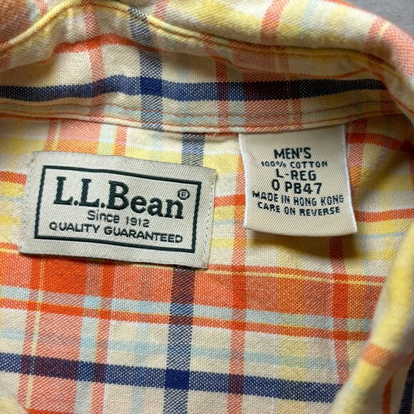 LL Bean OCBD Long Sleeve Shirt Mens Large Plaid Orange Yellow Blue Outdoor PB47 - Picture 3 of 8